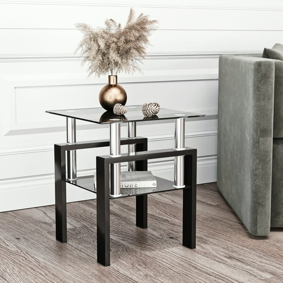 Modern Tempered Glass Side Table, Square End Table Coffee Table with Metal Legs and Open Shelf for Living Room Bedroom, Black 1-Piece
