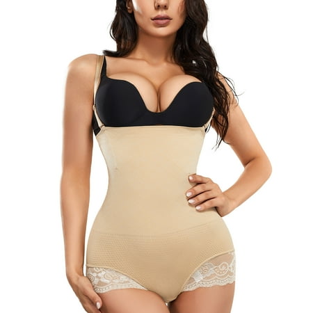 

CtriLady Women s Shapewear Lace Bodysuit Seamless Underwear Thong Butt Lifter High Waist Trainer Slim Panties Full Body Shaper Shorts with Removable Straps (Beige M-L)