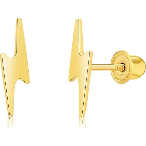 Solid Gold 14K Minimalist Small Polished Lightning Bolt Stud Earrings with Screw-backs 10mm
