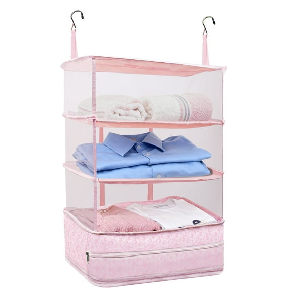 Farest Hanging Travel Closet Organizer Suitcase Shelves Portable Carry on Closets for Hanging Packing Cubes Storage (Pink)