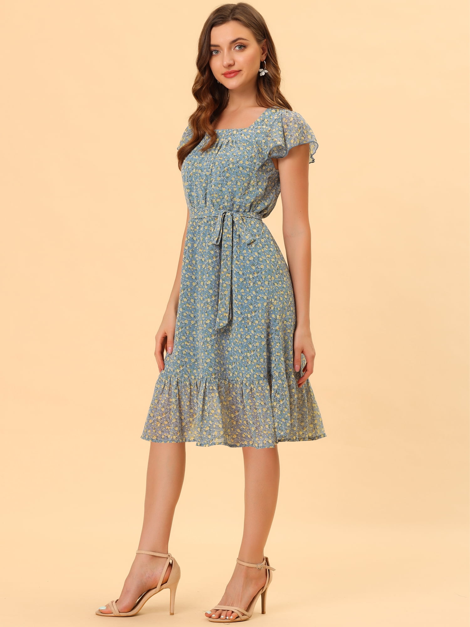 DARING DIVA Square Neck Flutter Sleeve A-Line Midi Dress XS Blue Gray