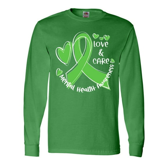 Inktastic Love and Care Mental Health Awareness Green Ribbon Long Sleeve T-Shirt