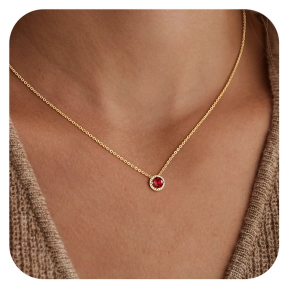 Turandoss Garnet Birthstone Necklaces for Women Trendy Dainty 14K Gold Plated Created Round Red January CZ Birthstone Pendant Necklace Personalized Jewelry Birthday Gifts for Women