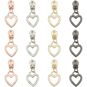 1 Box 12Pcs 4 Colors Alloy Zipper Pulls Heart Zipper Slider Love Shape Zipper Head Repair Replacement for Luggages Purses Bags Clothes Shoes
