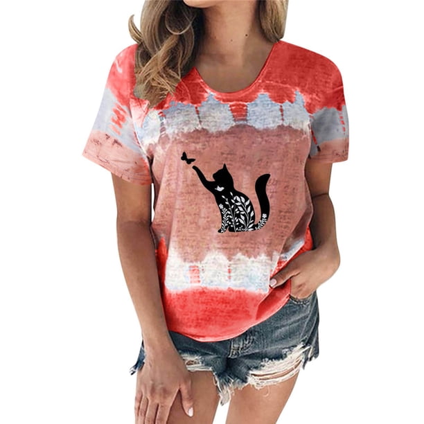 Mujeres Casual Cuello Redondo Manga Corta Estampado Jersey Blusa Camiseta Tops Sueltos OAVQHLG3B Store lin121212
