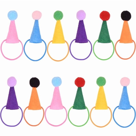 12 Pcs Colorful Mini Party Hats, 5.9X3.93X0.39" Cute Cone Hat with Pom Poms, Elastic Loop Decorative Topper, Festive Figurine Ornament, Cake Display Photo Prop, Multicolor Celebration Decoration