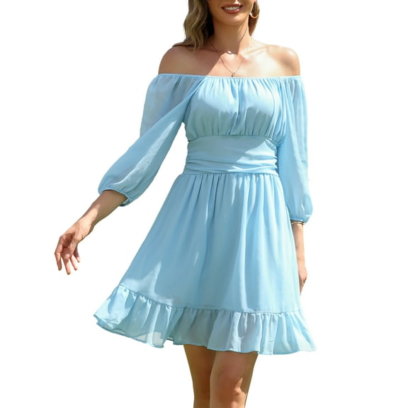 I2CRAZY Women's Off Shoulder 1/2 Sleeve Casual Ruffle Dress-XL,Light Blue