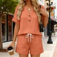 thumbnail image 4 of Costeam Womens Crinkled Gauze 2 Piece Casual Outfit Half Button V Neck Roll Sleeve Tops Elastic Drawstring High Waist Shorts with Side Pockets Breathable Summer Loungewear Matching Sets, 4 of 5