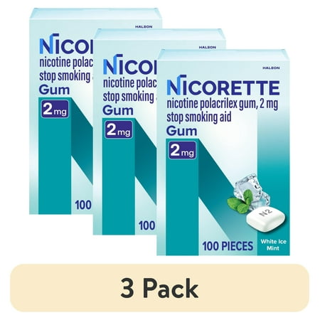 (3 pack) Nicorette Nicotine Gum, Stop Smoking Aids, 2 Mg, White Ice Mint, 100 Count