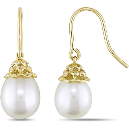 Miabella 9-10mm White Rice Cultured Freshwater Pearl 14kt Yellow Gold Hook Earrings