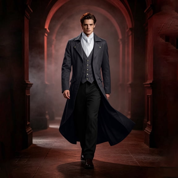 Long Trench Coat Vest, Set Victorian Gothic, Gentleman Overcoat, Halloween Costume, Long Trench Coat With Vest Set Victorian Gothic Gentleman Overcoat Halloween Costume for Halloween Party, Black L