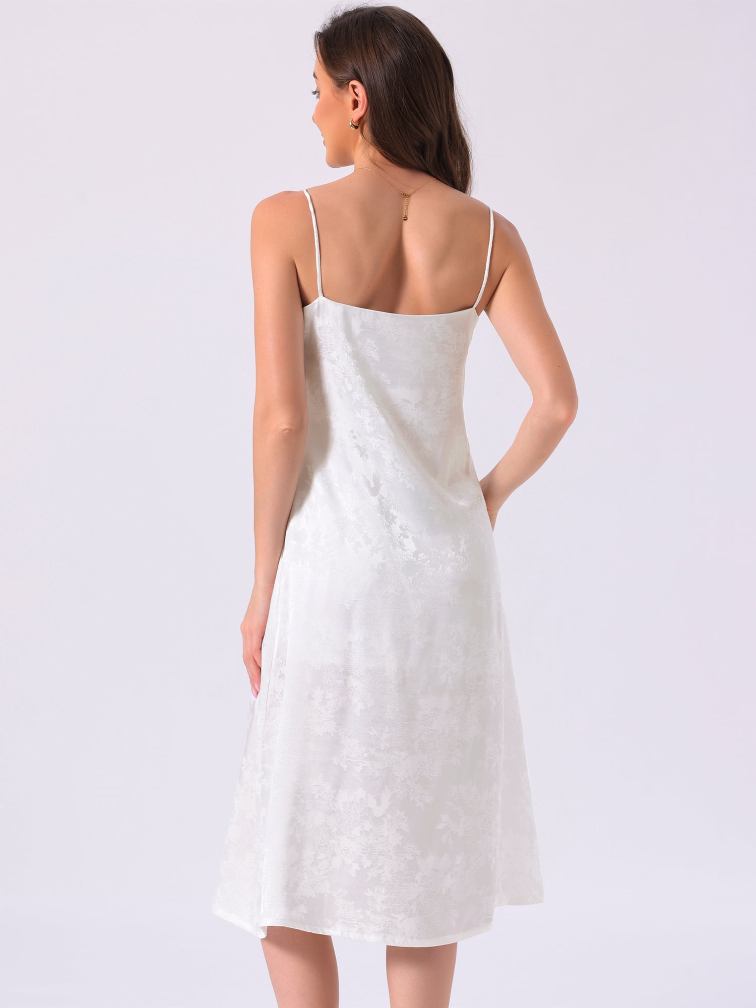 DARING DIVA Women's Satin Floral V Neck Spaghetti Strap Slip Nightgowns M White