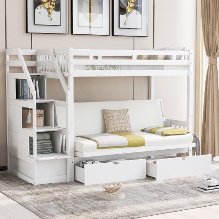 Twin over Full Bunk Bed with 2 Drawers and Storage Staircase  Solid Wood Bunk Bed Frame with Safety Rail  Down Bed can be Converted into Daybed  No Box Spring Needed  Easy Assembly  White