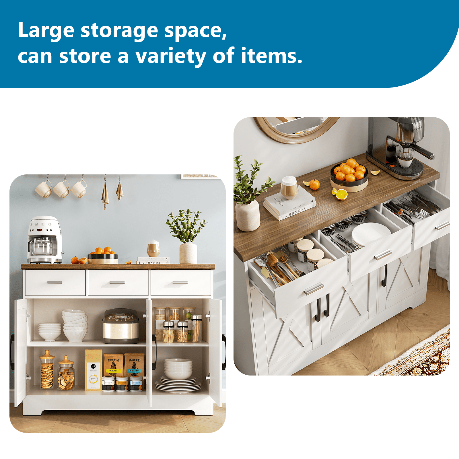 LAFGUR Buffet Sideboard Cabinet,Wood Kitchen Storage Cabinet with Adjustable Shelves,Modern Farmhouse Coffee Bar Cabinet for Kitchen, Dining Room, White