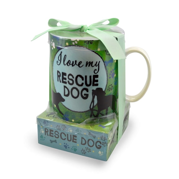 I Love My Rescue Dog Pawprint Green 12 ounce Glossy Ceramic Mug and Note Stack