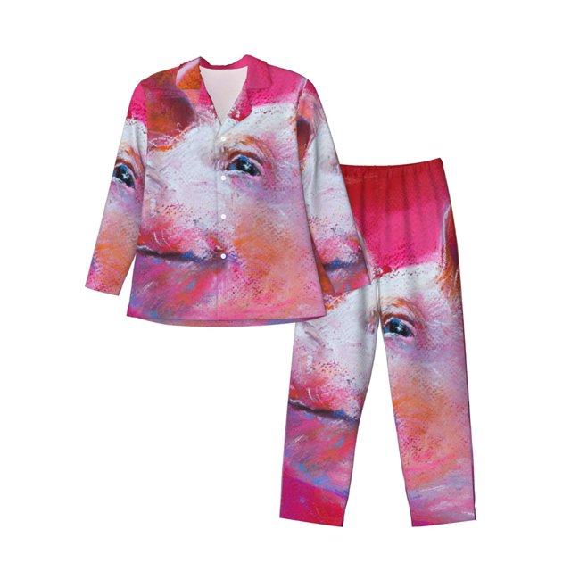 Fotbe Pink Pig Pattern Long Sleeve Pajama Set for Men,Sleepwear Set,2-piece Loungewear Set,Soft PJs Comfy Nightwear with Pockets-Large