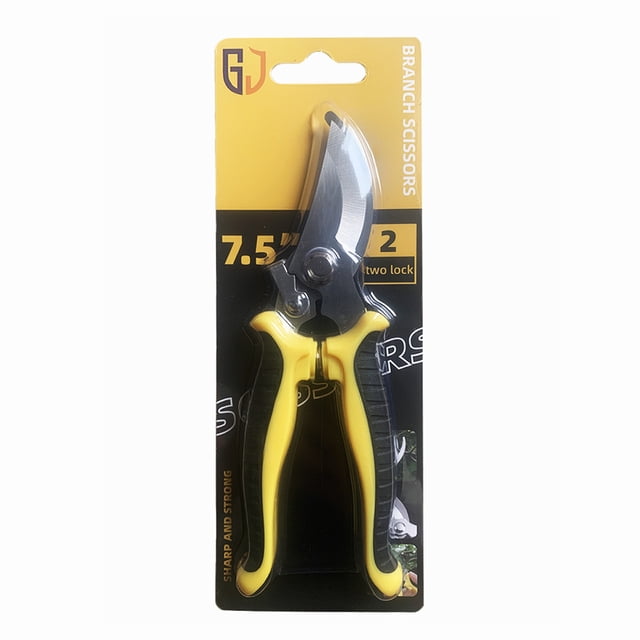 Tijeras de podar de acero inoxidable de 7,5 pulgadas (amarillas) en caja de cartón.