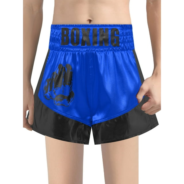 Xnihocha Unisex Kids Satin Boxing Shorts Metallic Color Block Boxer Kickboxing Muay Thai Training Trunks Royal Blue&Black 10