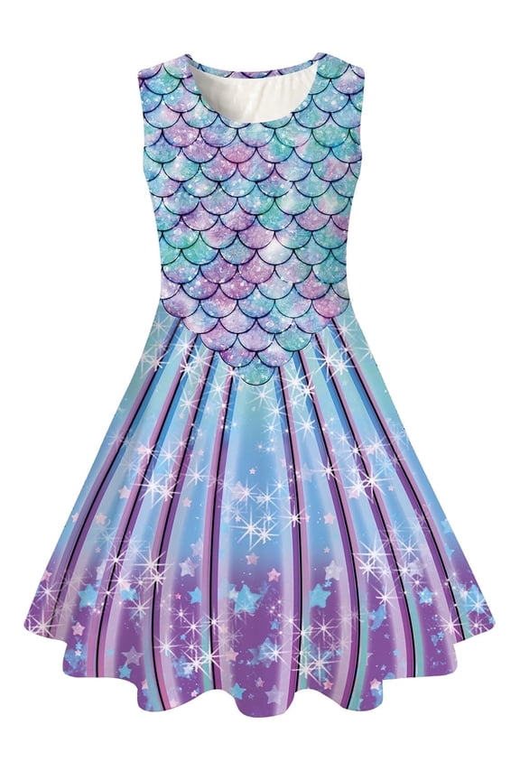 Girls Dress Kids Sleeveless Mermaid Birthday Sundress for 4-13 Years