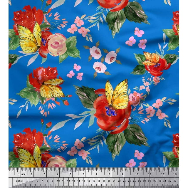 Soimoi Blue Silk Fabric Leaves,Insect & Poppy Watercolor Print Sewing Fabric BTY 42 Inch Wide