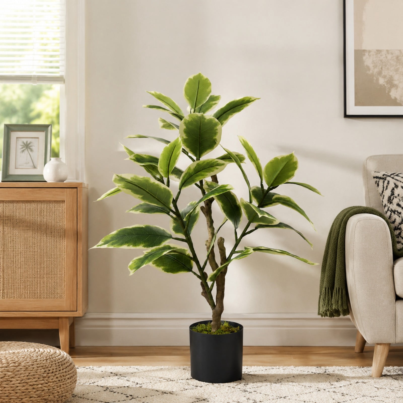 BEAUTYPEAK 3FT Artificial Plant Fake Indoor Rubber Tree Decorative Outdoor Greenery in Black Pot