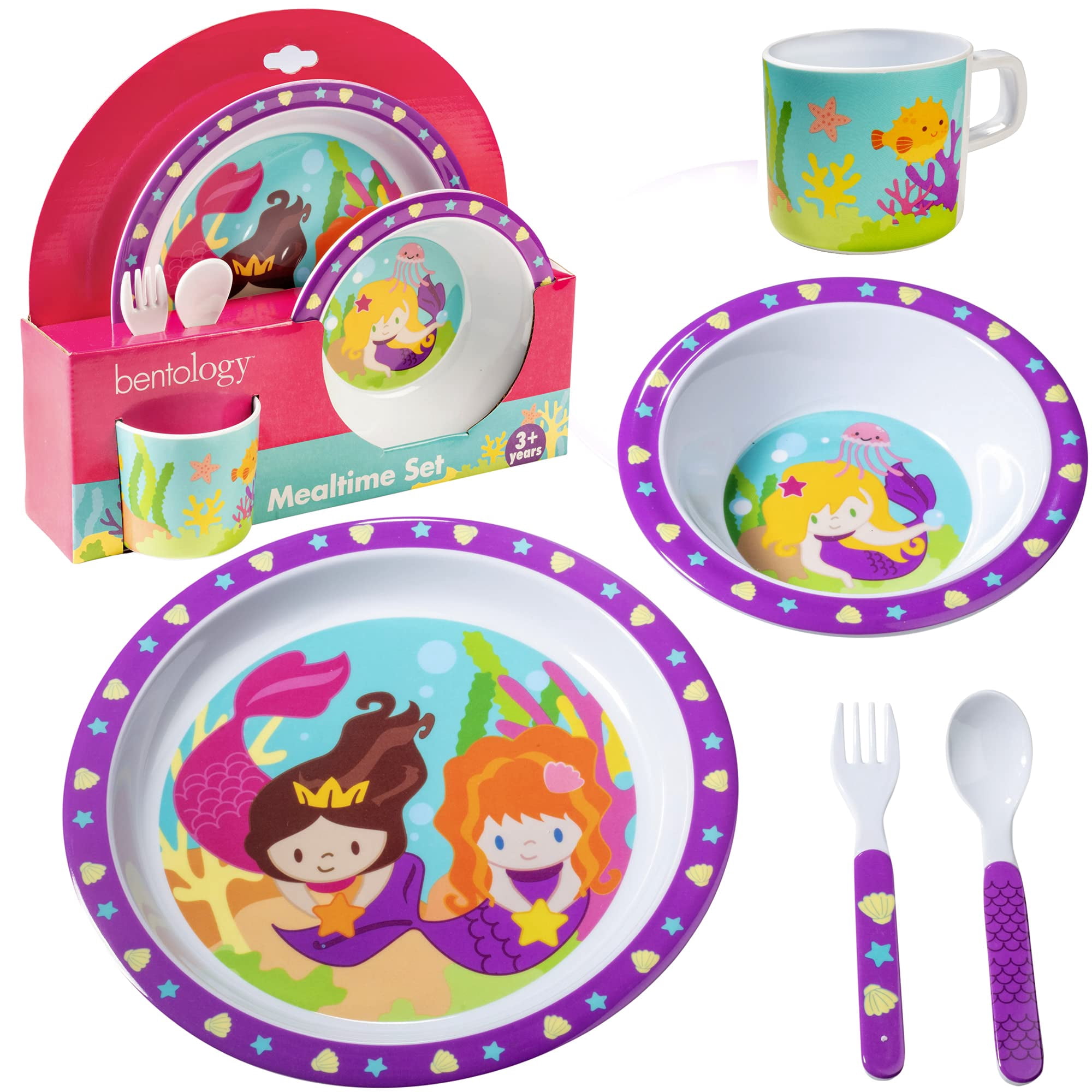 Bentology 5 Pc Mealtime Baby Feeding Set for Kids and Toddlers - Mermaid - Includes Plate, Bowl, Cup, Fork and Spoon Utensil Flatware