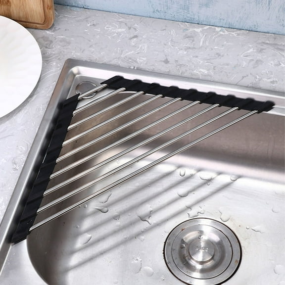 OATIPHO Black Stainless Steel Kitchen Sink Corner Drying Rack Triangular Roll Up Dish Drainer for Storage and Prep