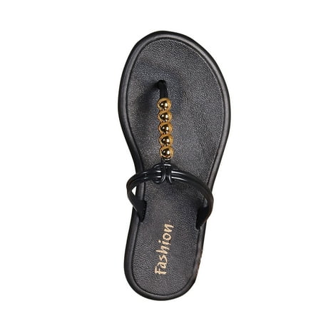 

KIJBLAE Women Summer Fashion Beach Jelly Sandals Gold Ball Decor Flat Flip Flops Sandals Non-Slip Thong Slippers Female Sandals Black 36