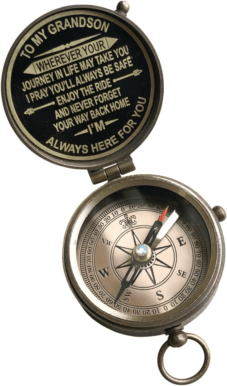 Gift for Grandson Brass Compass Engraved Quote | Memory Present to My Grandson Birthday, Baptism, Graduation, Confirmation, Love, Gift idea by Grandpa Grandma (Grandson - Always Here for You)