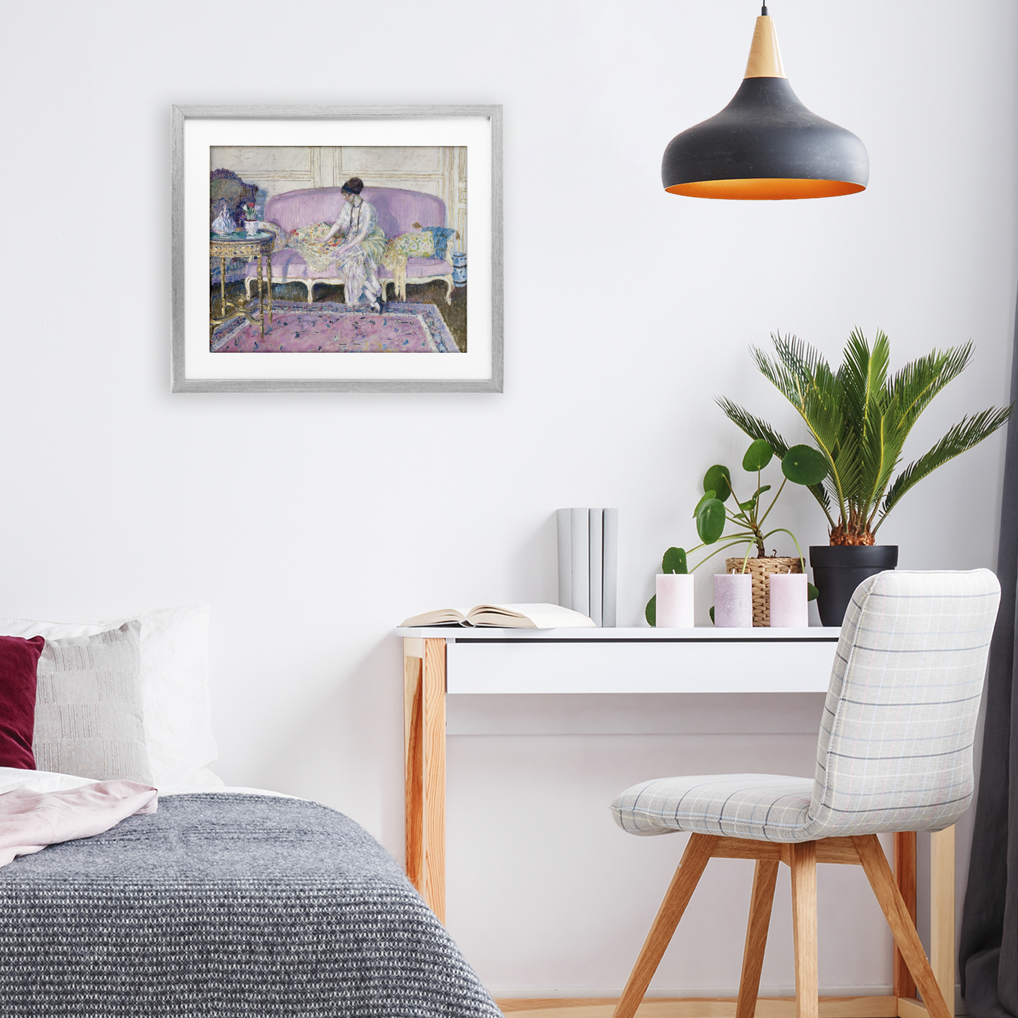 Woman Seated on Sofa Gray Framed Print Under Glass, design by Wild Apple Portfolio