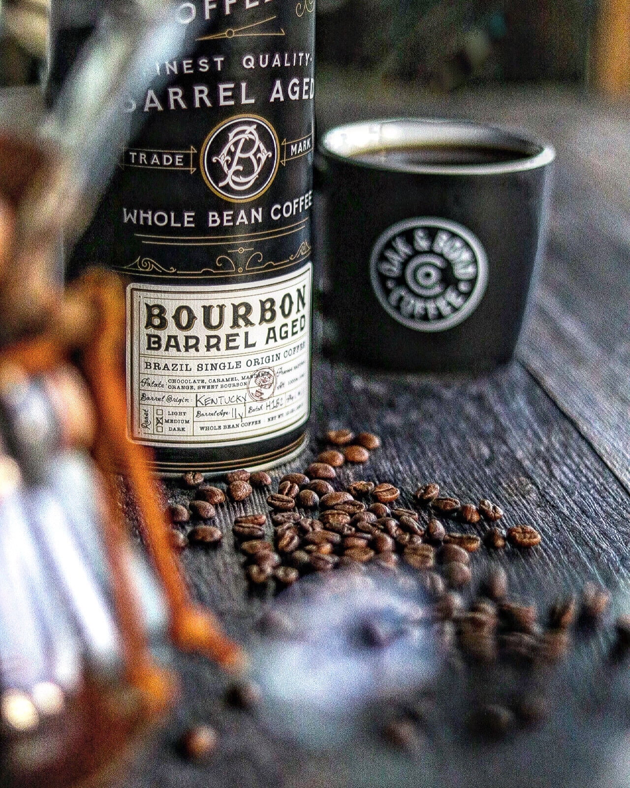 Kentucky Bourbon Whiskey Barrel Aged Coffee, Brazil Single Origin Whole Coffee Bean, Medium Roast w/ Flavor Notes of Chocolate, Caramel, Mandarin Orange, Sweet Bourbon by Oak & Bond Coffee Co. – 10oz.