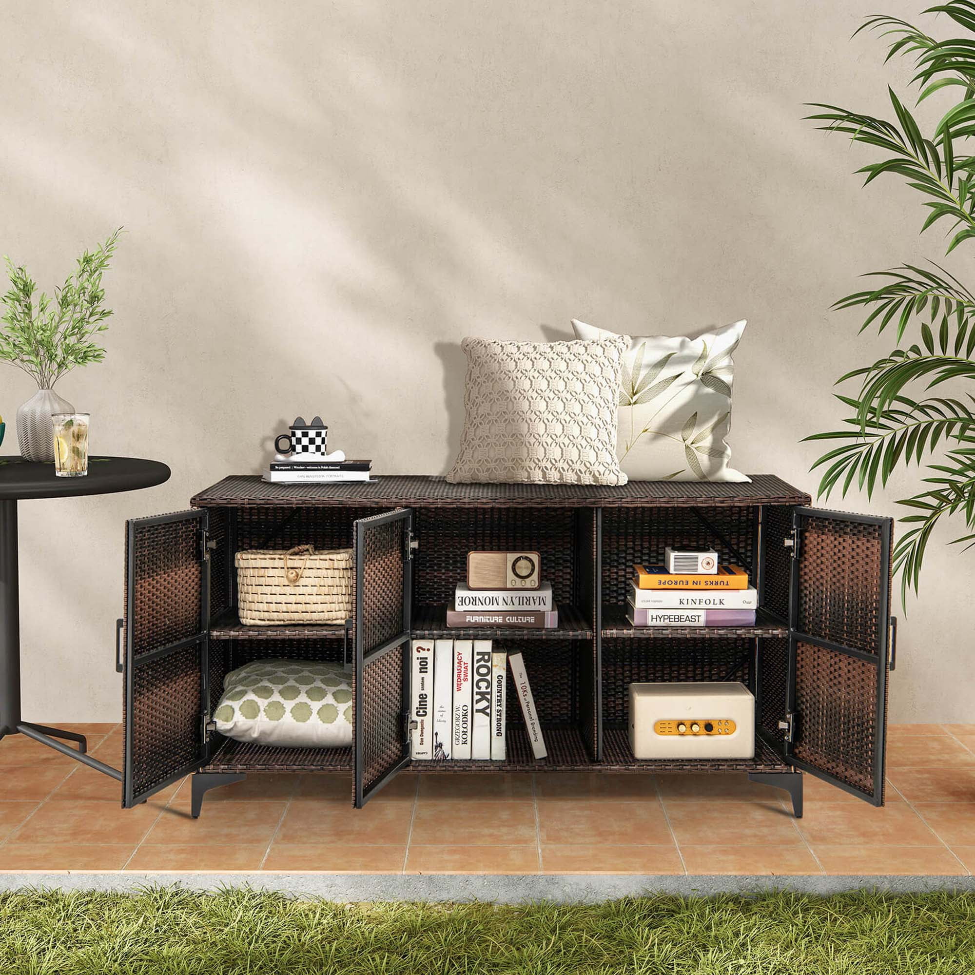 Costway 84 Gallon 3-Door Patio Wicker Storage Cabinet Deck Box with Removable Shelves Brown