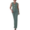 thumbnail image 2 of Fashion 2 Piece Outfits For Women High Waisted Solid Color V-neck Sleeveless Wide Leg Pants Loungewear Set — Green∣3XL, 2 of 7
