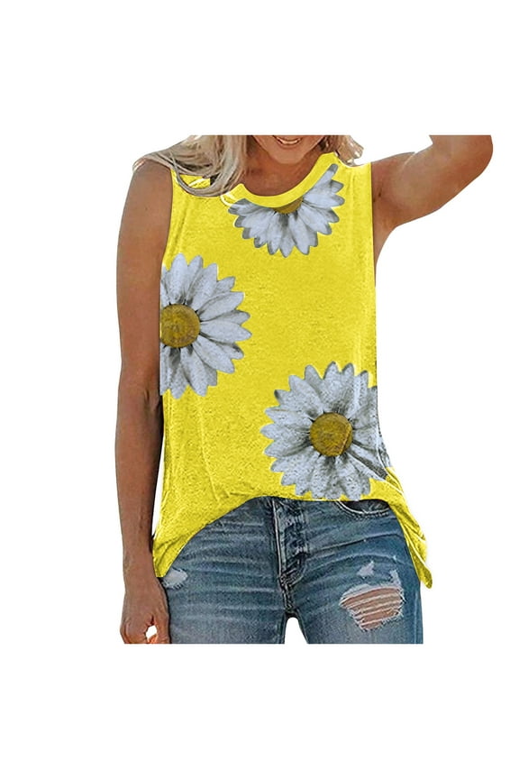Ichuanyi Women Summer Daisy Print Graphic Blouse O-neck Sleeveless Casual Tank T-Shirts Tops