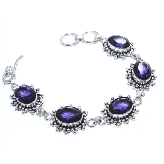 Purple Amethyst Gemstone 925 Sterling Silver Handmade Jewelry Bracelet Size-7-8"