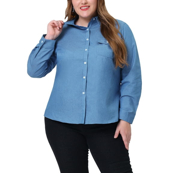 Agnes Orinda Women's Plus Size Denim Shirt Point Collar Long Sleeve Casual Tops with Pocket 3X Denim Blue