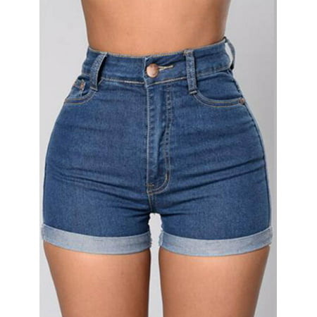 Womens Denim Mini High Waist Slim Solid Shorts (Best High Waisted Shorts Denim)