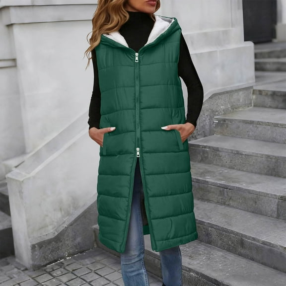 Puffer Vest Women Long Hooded Sleeveless Zip Up Quilted Vests Outerwear Lightweight Puffy Jacket Fall Winter Coat Green XXL