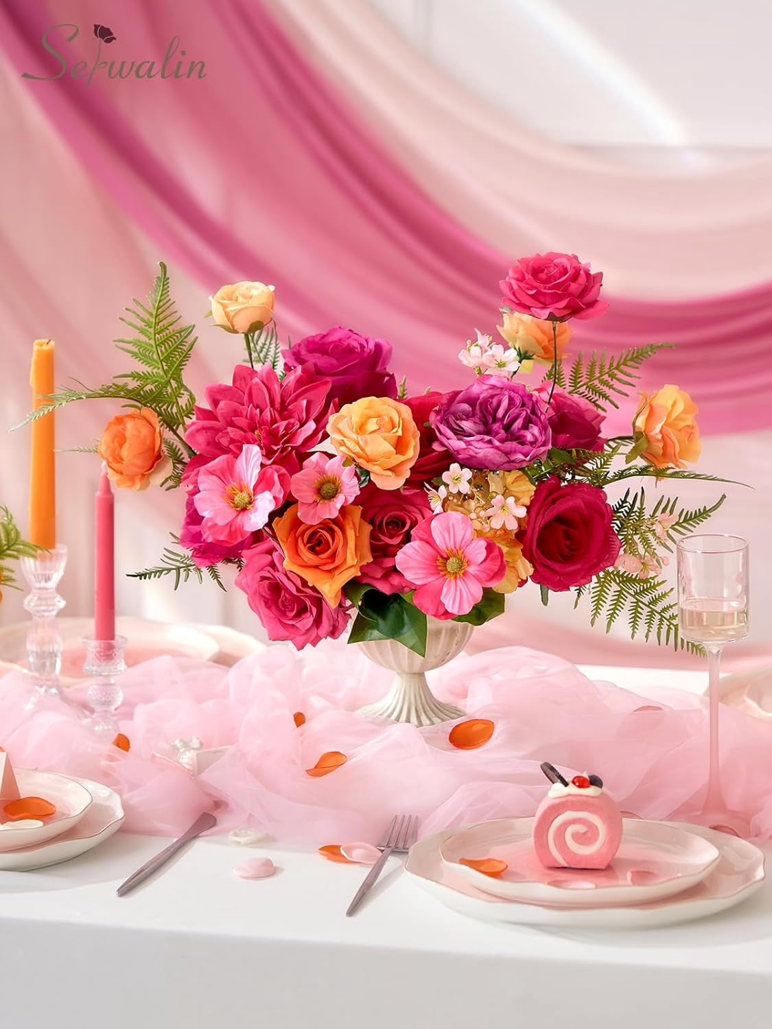 Artificial Hot Pink & Orange Flowers, Magenta Silk Fake Flowers for Wedding Bouquet