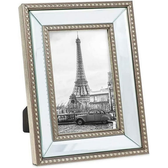 Isaac Jacobs 4x6 Champagne Mirror Bead Picture Frame - Classic Mirrored Frame with Dotted Border Made for Wall Display