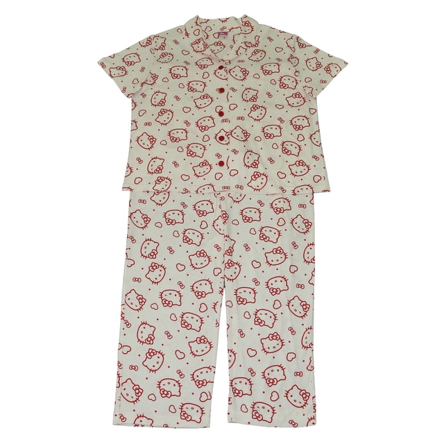 Pijama Hello Kitty para Dama Set Camisero Manga Corta con Pantalón Blanco Talla G 2 Piezas