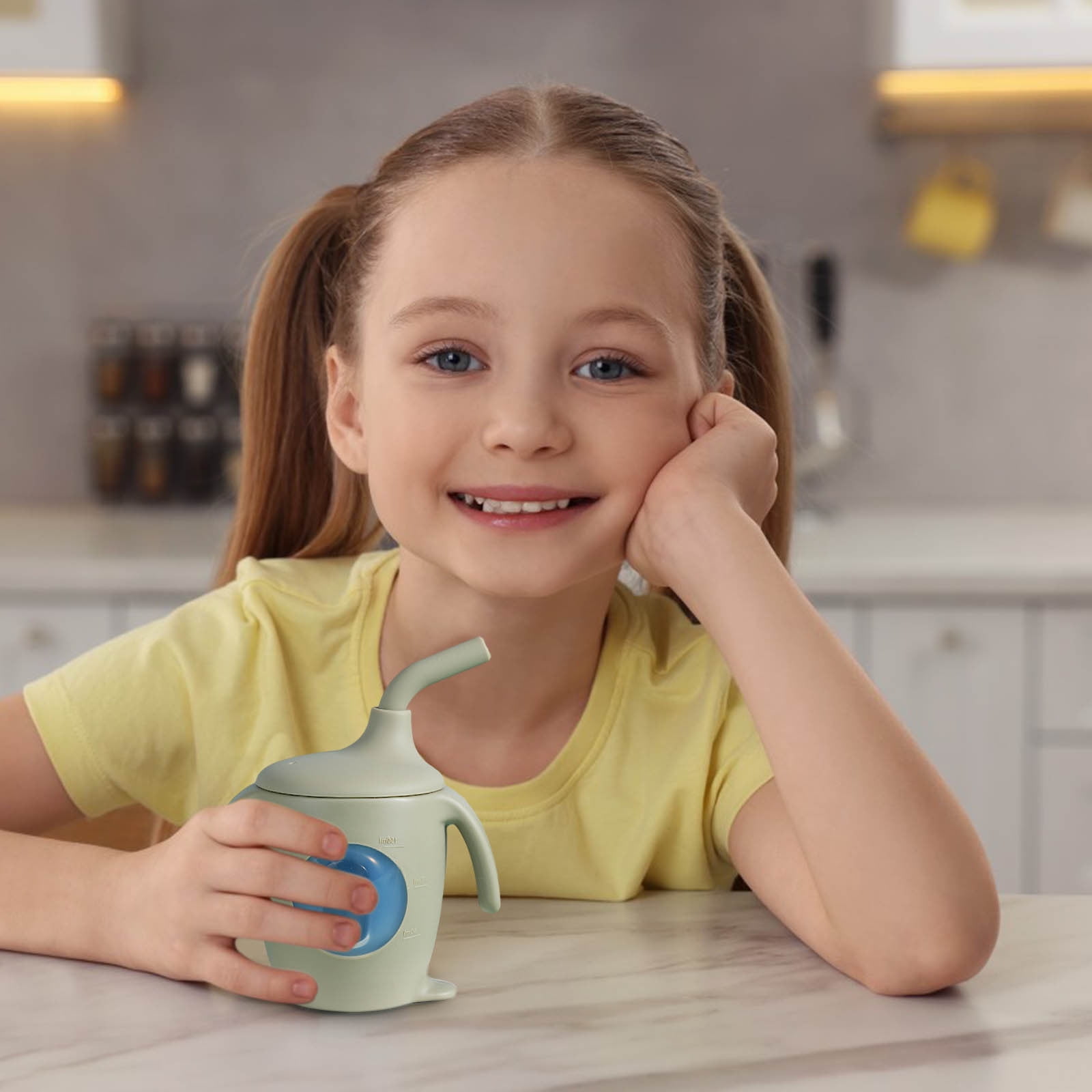 Weloille Silicone Children's Straw Cup Infant Learning Drink Cup with Handle Food Grade Infant Water Cup