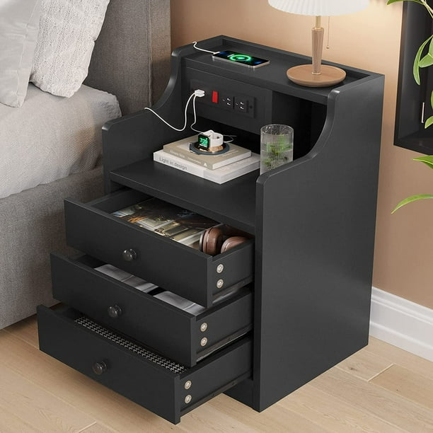 Black Nightstand with Charging Station & Hutch,3 Drawers Wood Sofa End
