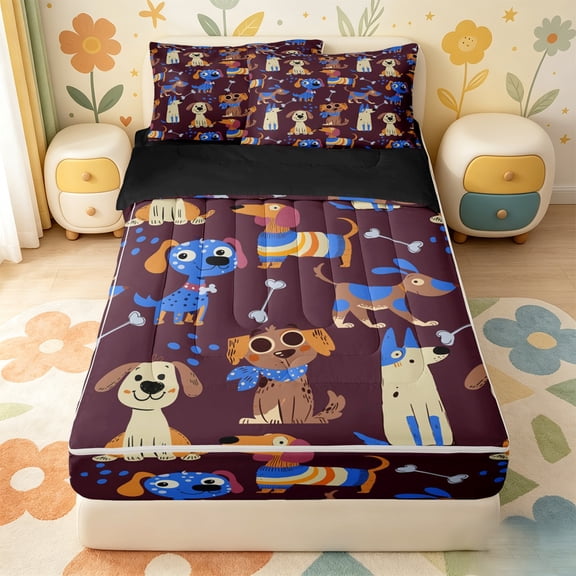 Erosebridal Cartoon Puppy Zipper Twin Comforter Sets with Fitted Sheet and 2 Pillowcases,Cute Dog Pattern Zipper Bedding Set For Girls,Black Reversible,4pcs