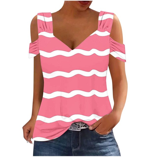 Camisas de Manga Corta para las Mujeres, Cuello en V Plegable de Impresión Del Hombro Top Casual Hecho de Poliéster Cómodo para el Verano, Tops de Bikini para las Mujeres