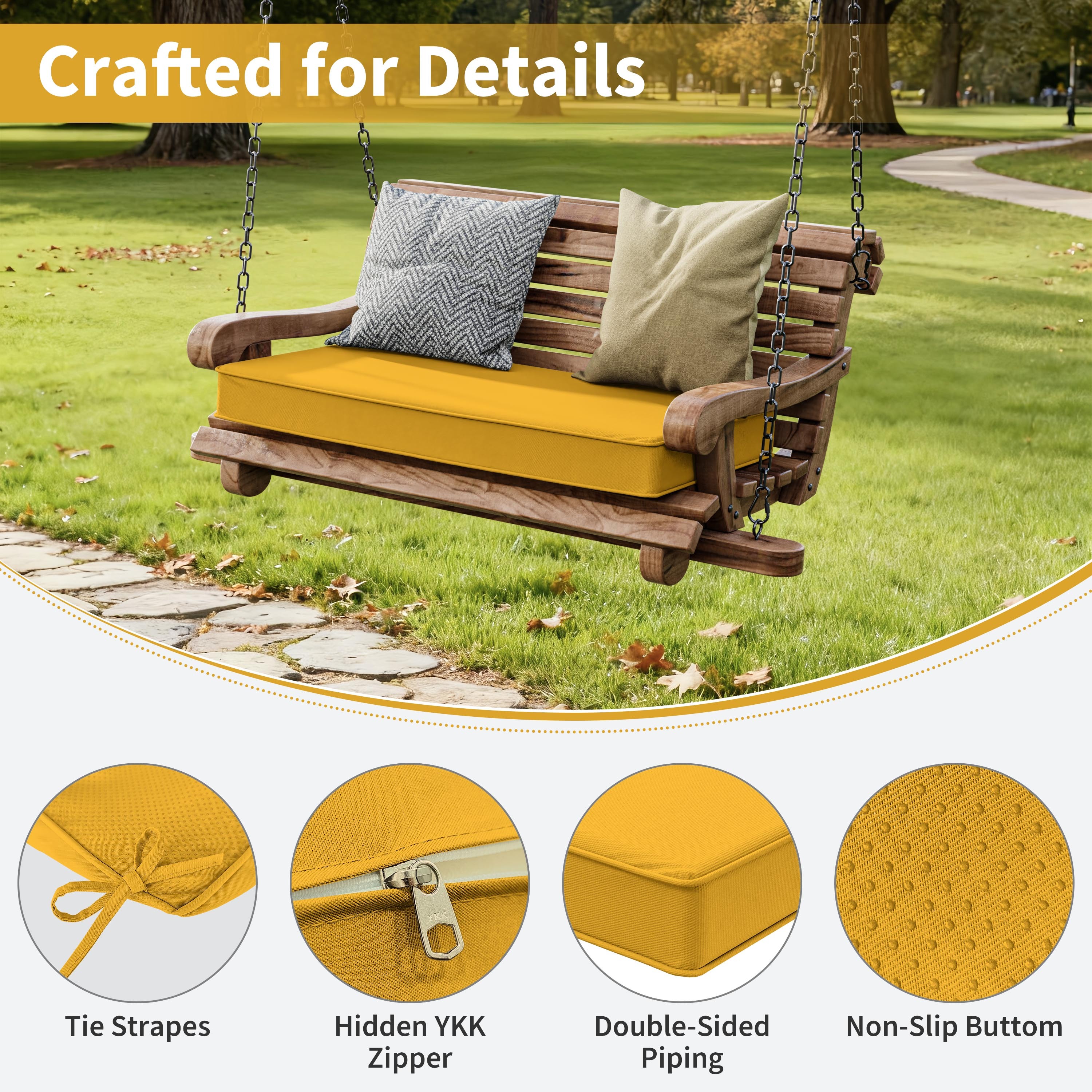 Kimunuk 36" x 18" x 3.5" Outdoor Bench Cushion Patio Furniture Replacement Cushion with Ties for Porch Swing Loveseat, Yellow