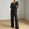 thumbnail image 3 of Women's 2 Piece Loungewear Outfits Ribbed Knit V Neck Long Sleeve Top and Wide Leg Pants Sets Soft Warm Fall Winter Casual Tracksuit Black, 3 of 7