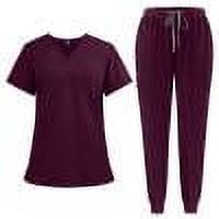 DENGDENG Wine Scrubs Set for Women Plus Size Stretch Short Sleeve V-Neck Scrub Top & Jogger Pants with Pockets Petite Nurse Uniform Soft Cute Wine M