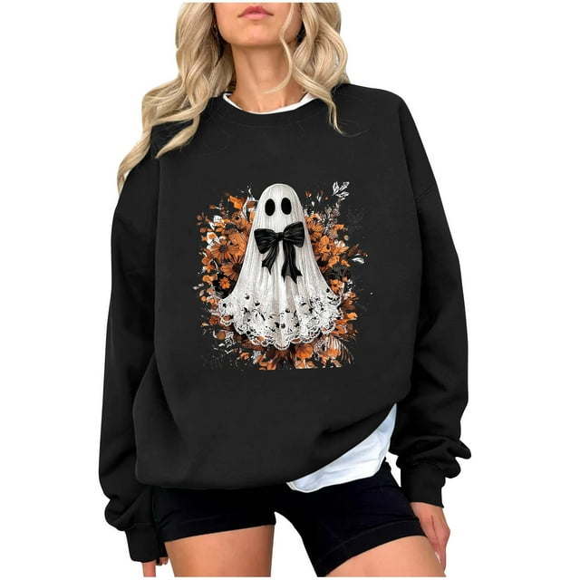 Chandail en Molleton Imprimé Fantôme pour Femmes Chandail Léger et Chaud Blouses Col Rond Manches Longues Ultra Doux Texturé Tenues de Printemps 2025 Chandail Automne Hiver Vêtements