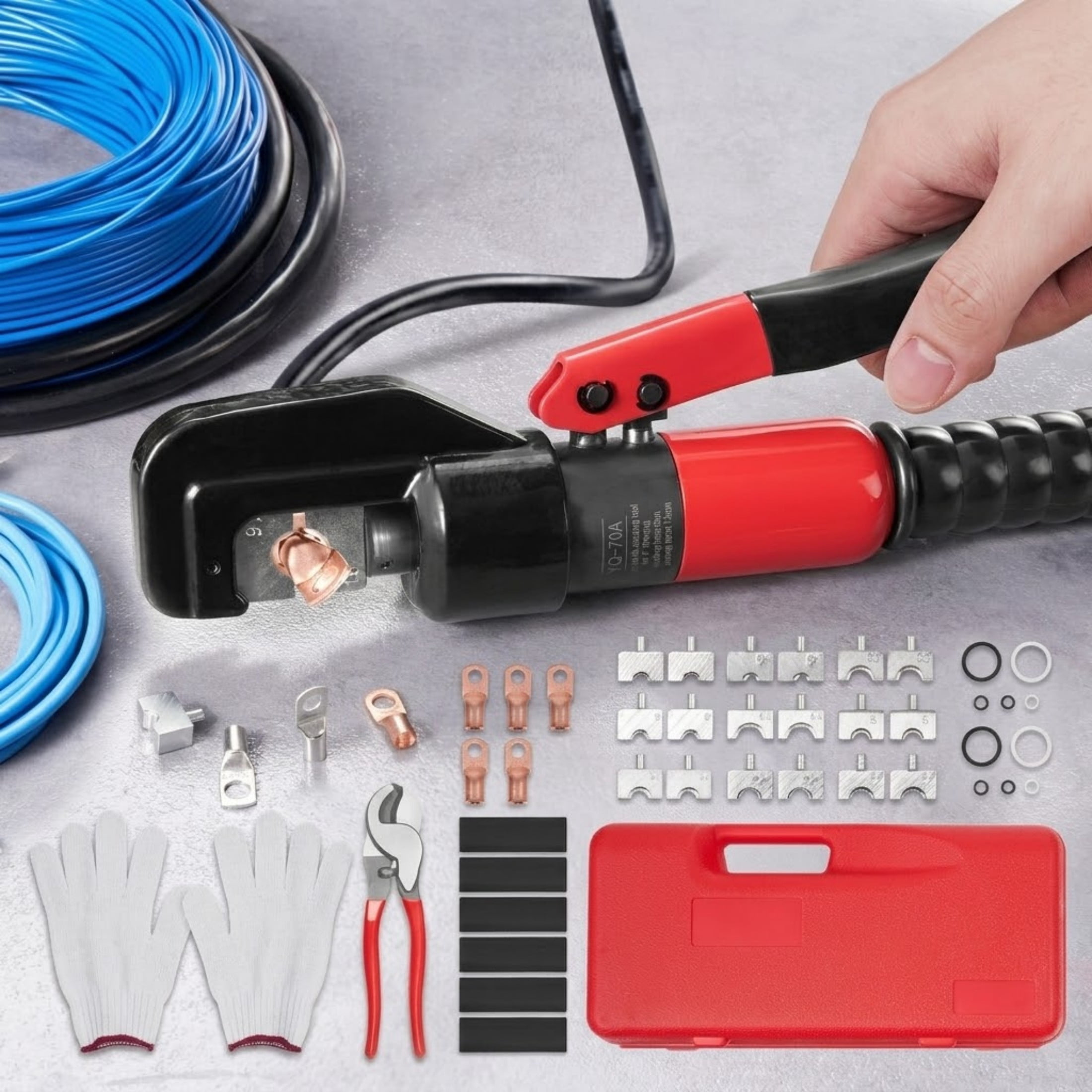 Hydraulic Crimping Tool with 9 Dies, AWG 12-2/0 Copper & Aluminum Lug Crimper Kit with Cutter & Accessories